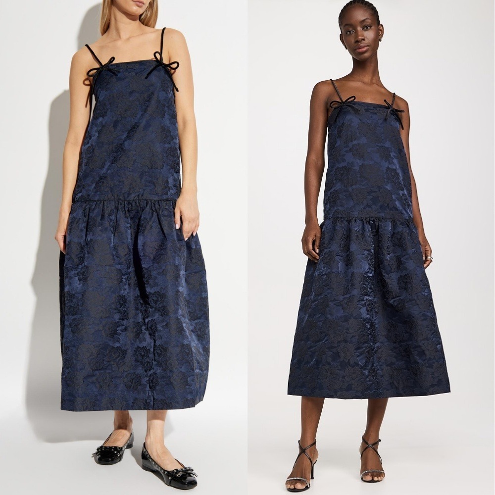 NWT Ganni Botanical Jacquard Strap Midi Dress 34 US 2 Blue Floral Velvet Bow